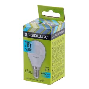 

Лампа светодиодная ERGOLUX LED, 7Вт, E14, 4500K, 172-265В, шар